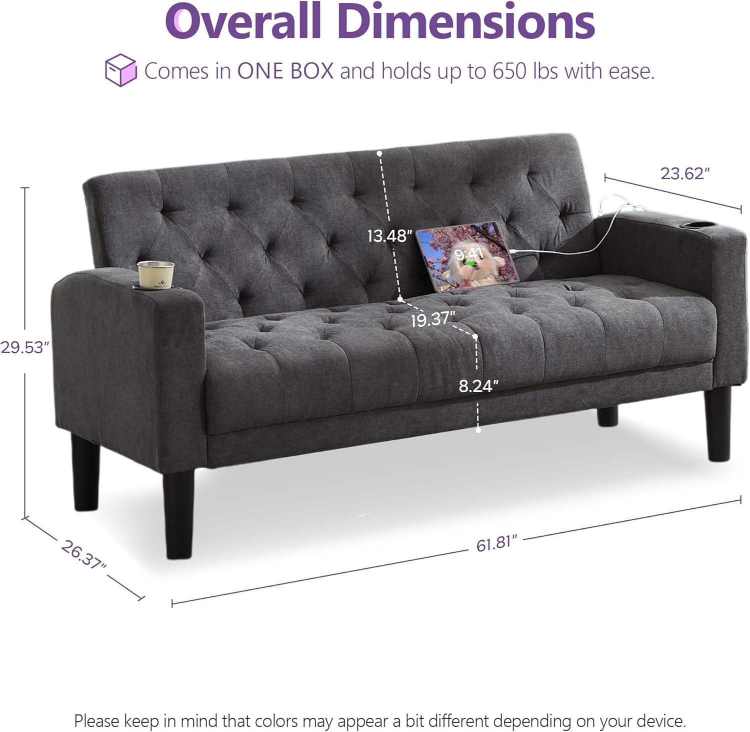 LAZZO 62" Loveseat Sofa, Tufted Couch with USB Ports and Cupholders for Living Room, Office and Bedroom, Dark Gray