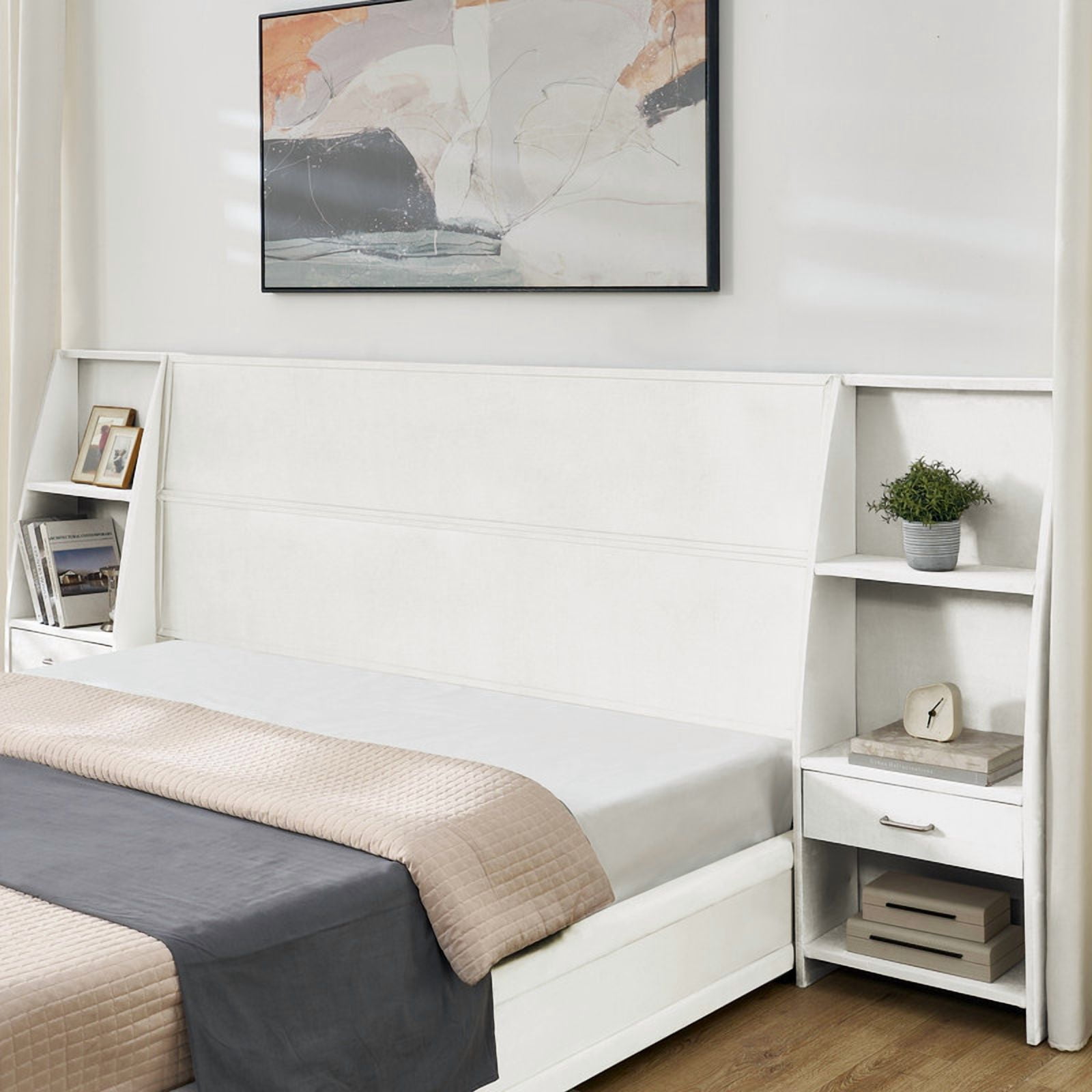 Queen/King Size Modern Upholstered Platform Bed Frame, Velvet Storage Bed with Headboard, Side Bookcases & Drawers Nightstand