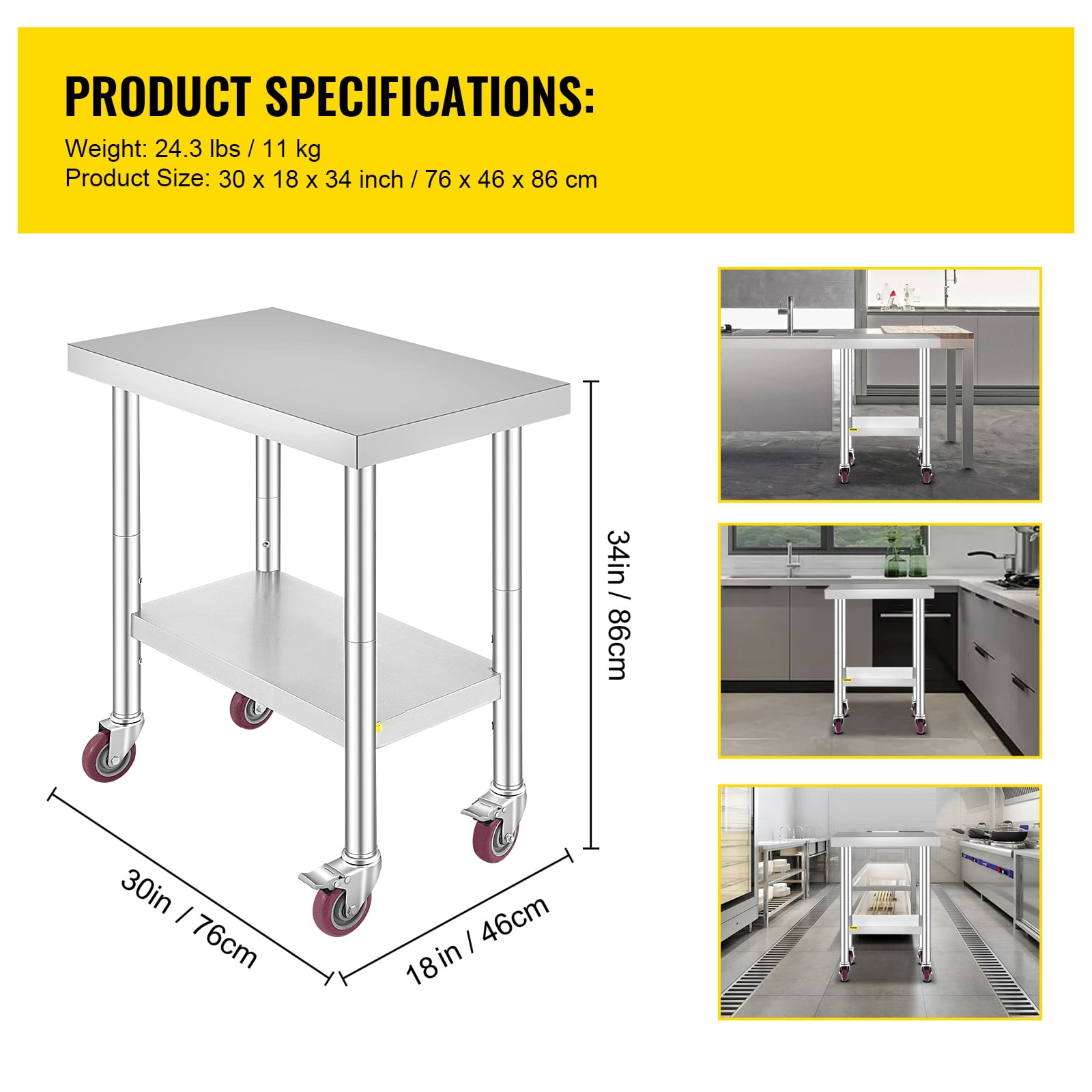 VEVOR Stainless Steel Work Table 30 x 18 x 34 In 4 Wheels Food Prep Commercial Grade 2 Layers