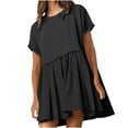 thumbnail image 2 of EQWLJWE Robes Mini Patchwork d'Été pour Femmes 2024, Robes à Volants Plissées pour Femmes Col Rond Manches Courtes, Robe Longue Maxi Boho de Plage à Volants Unis avec Poches, 2 of 9