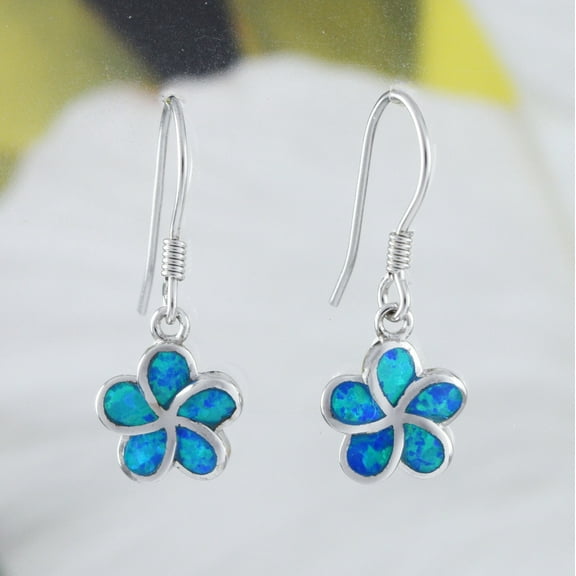 Beautiful Hawaiian Blue Opal Plumeria Earring, Sterling Silver Blue Opal Plumeria Flower Dangle Earring, E4026 Birthday Mom Valentine Gift