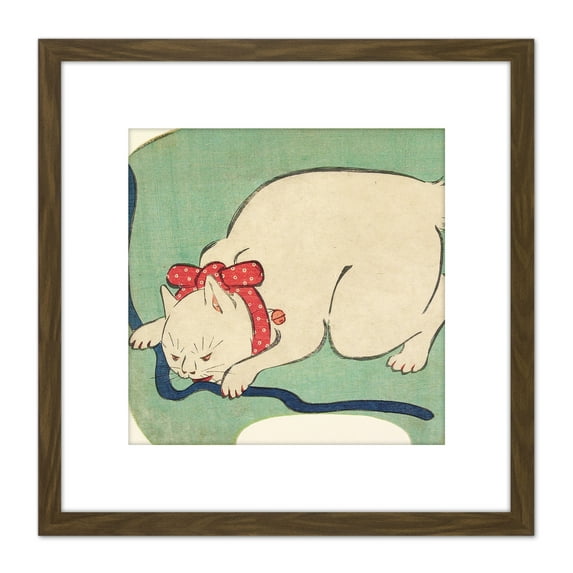 White Cat Playing String 1863 Utagawa Hiroshige 8X8 Inch Square Wooden Framed Wall Art Print Picture with Mount
