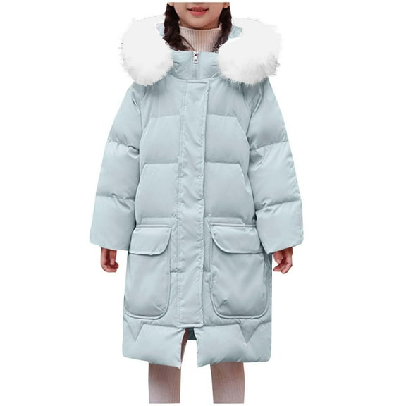 NAISIBABY Girls Puffer Coat 10T, Fluffy Hooded Knee Length Full Zipper Winter Thick Thermal Quilted Parka Blue (4-15T)