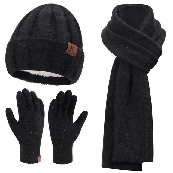 FZ FANTASTIC ZONE Womens Winter Warm Knit Beanie Hats and Touchscreen Gloves Long Scarf Sets with Sequins Thick Fleece Lined