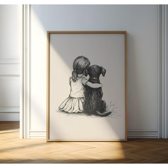 Girl And A Dog Print, Dog Vintage Poster, Nursery Art, Antique Painting, Farmhouse Wall Decor, Country Wall Art, Dog Drawing, Dog Wall Art Wall Art, Modern Wall Decor, 8x12 UNFRAMED