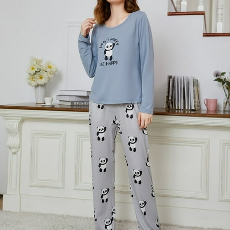 

Soft & Simple Cartoon Pajama Set Long Sleeve Tops & Pants Comfortable & Casual Loungewear Women‘s Sleepwear