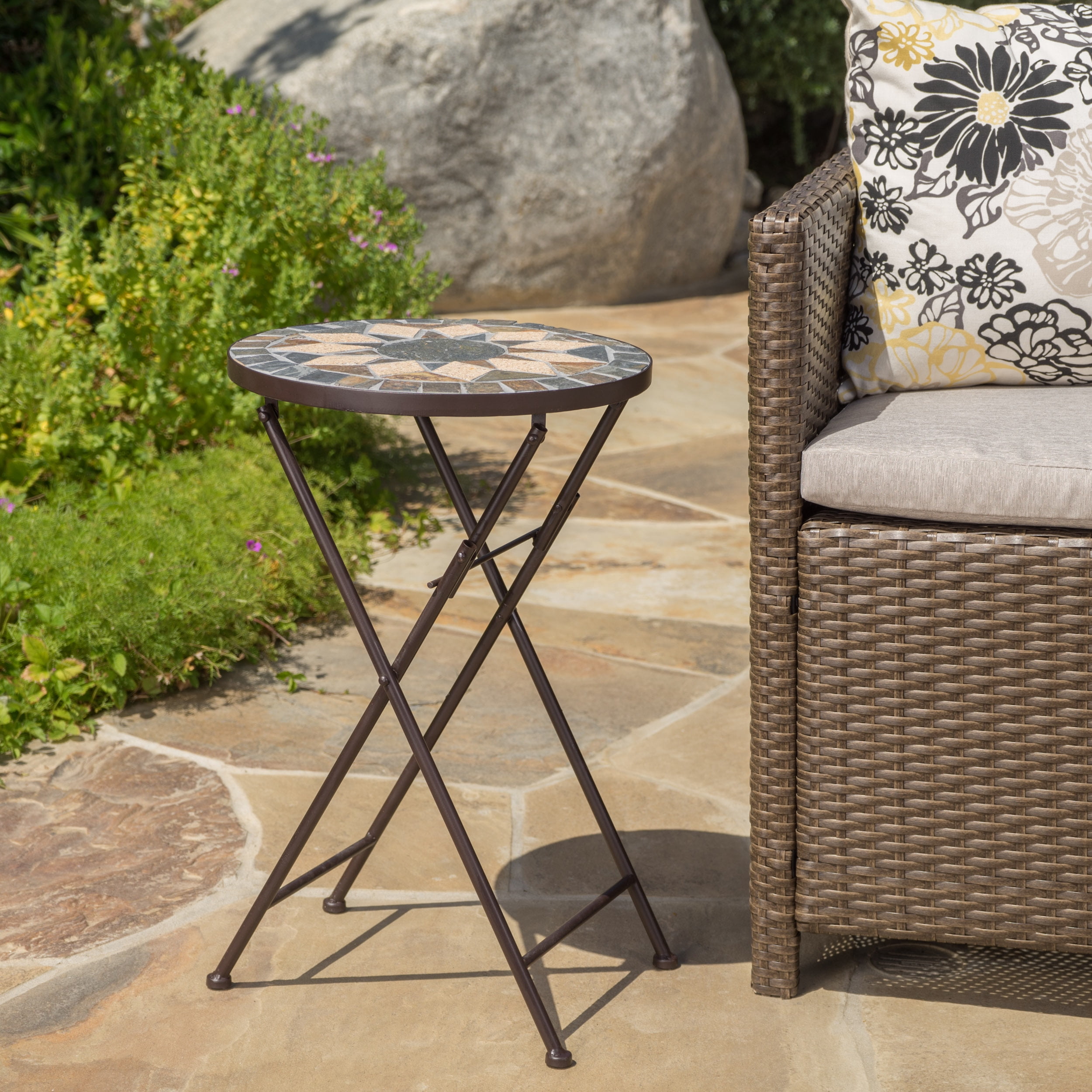 Leumius 14" Folding Side Table with Stone Mosaic Top,Indoor Outdoor Accent Table for Patio/Outdoor
