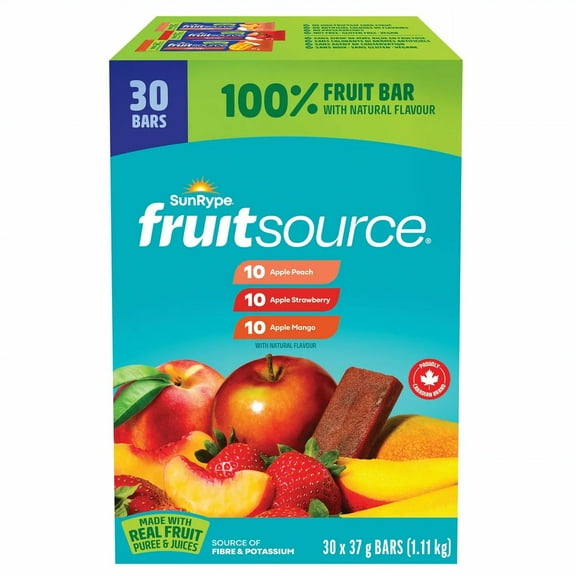SunRype FruitSource 100% Fruit Bars,  30ct X 37g Bars, 3 Flavors