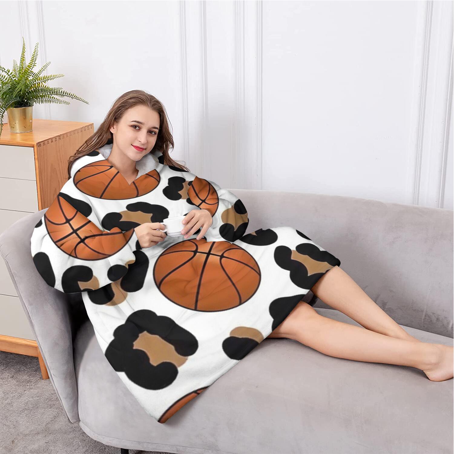 Oversized Wearable Blanket Hoodie,White Leopard Basketballs Pattern Sherpa Blanket Hoodie with Super Pockets,Super Warm Fuzzy Pullover for Women & Men