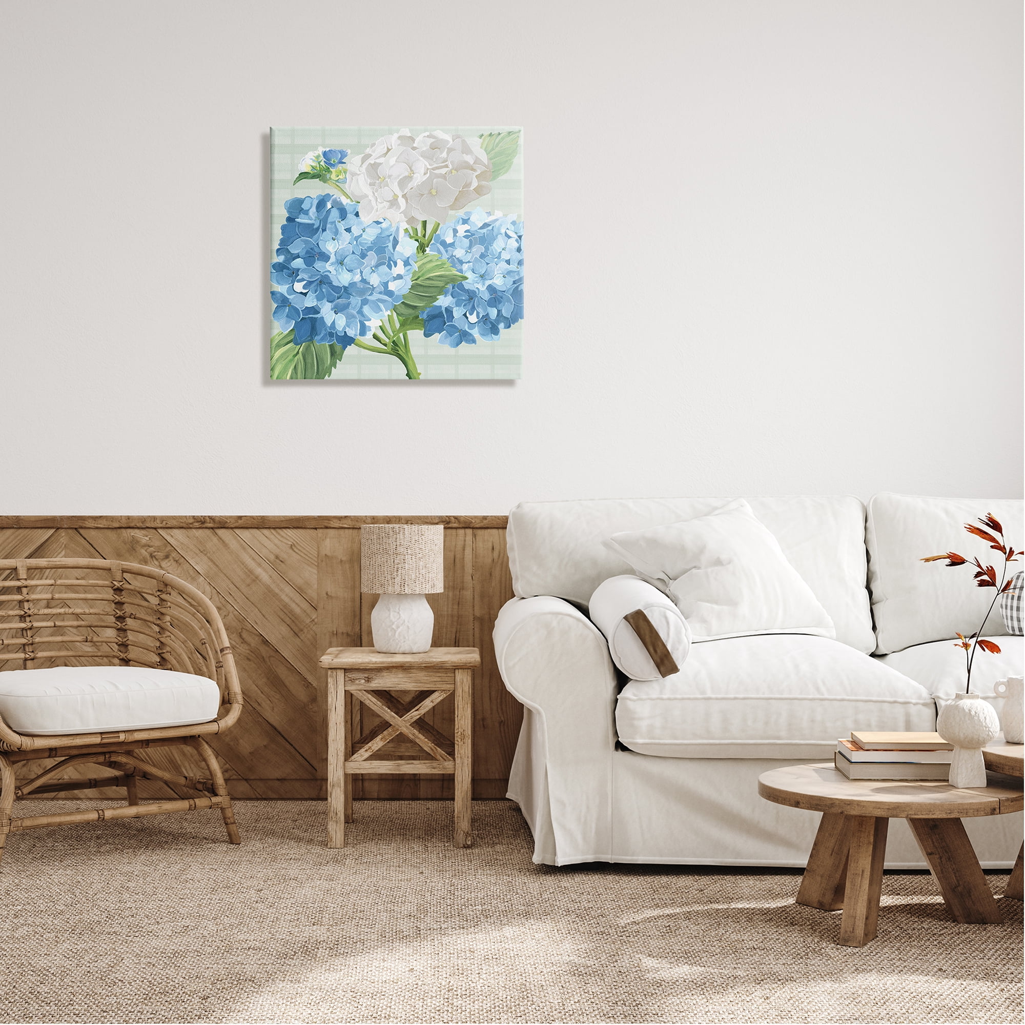 Stupell Industries Hydrangeas on Plaid Botanical & Floral Painting Gallery Wrapped Canvas Print Wall Art, 24 x 24