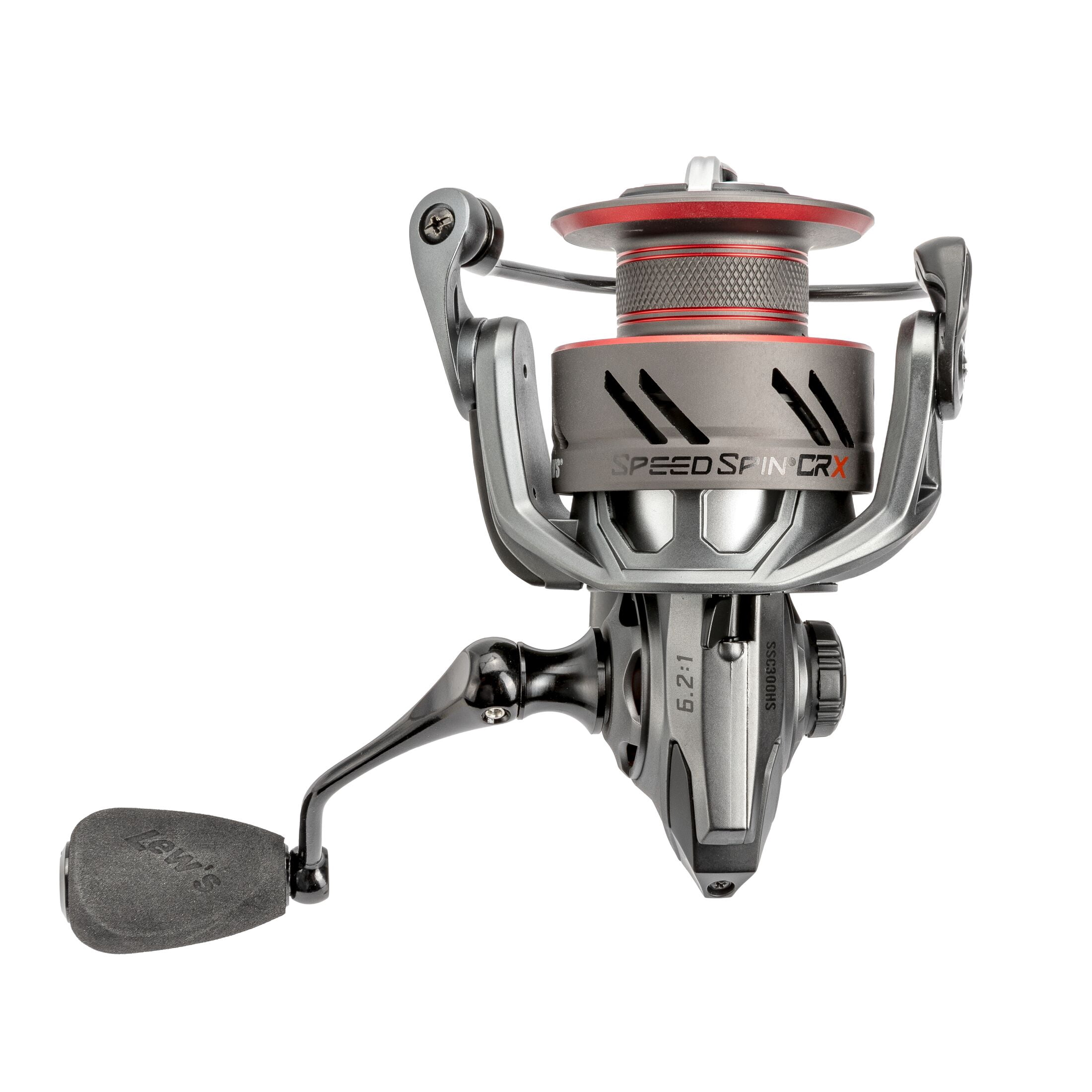 Lew’s Speed Spin CRX Spinning Fishing Reel, Size 300 Reel, 9+1 Bearings, 6.2:1 Gear Ratio, Graphite Frame and Sideplate, Solid Brass Speed Gears, Speed Lube, Multi-Disc Drag, Gray/Red