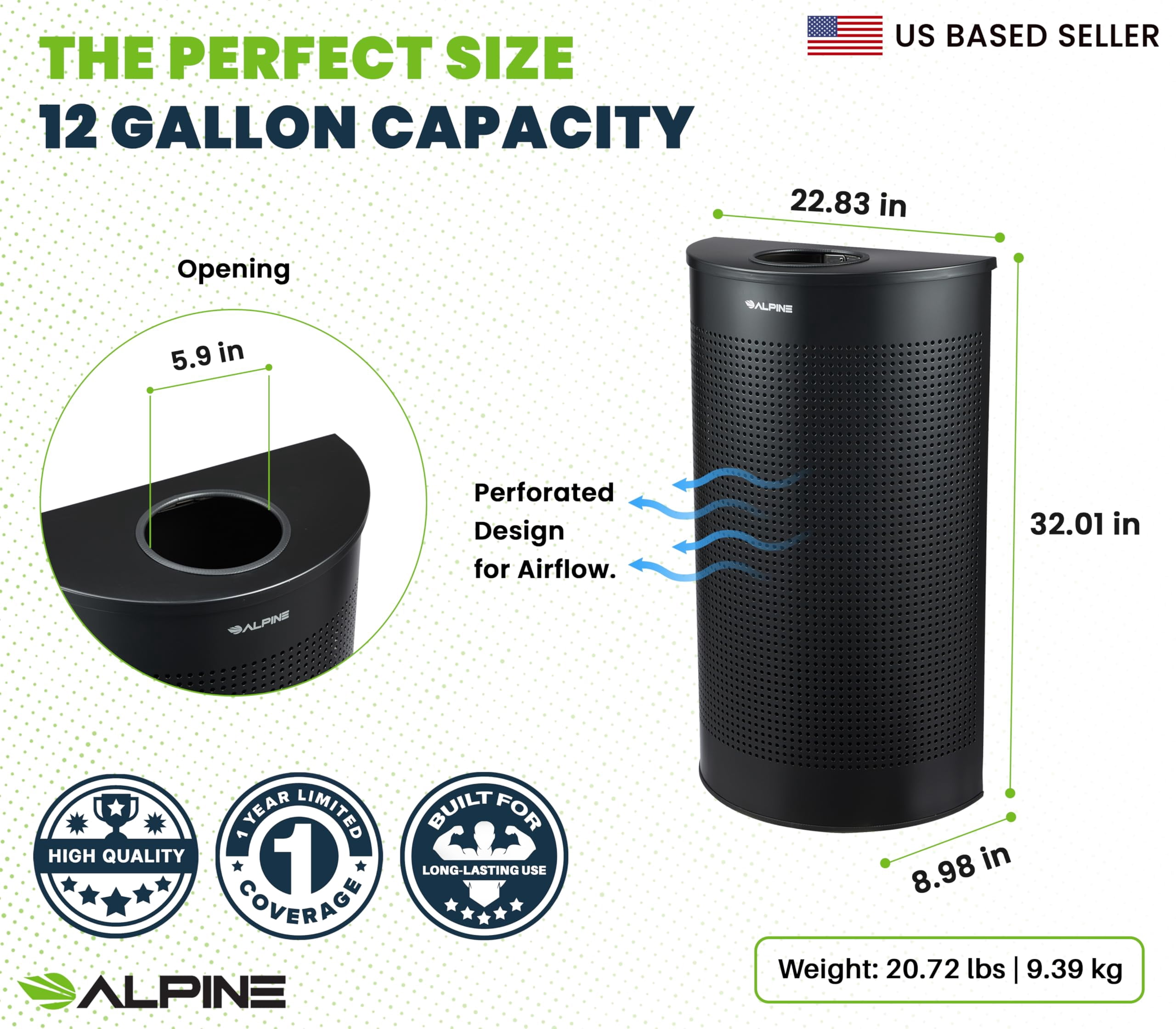 Alpine Half Round Trash Can Open Top - Modern Black Metal 12 Gallon Trash Can, Space Saving Indoor Commercial Trash Can, Perfect for Bathroom, Office, Lobby and Business.