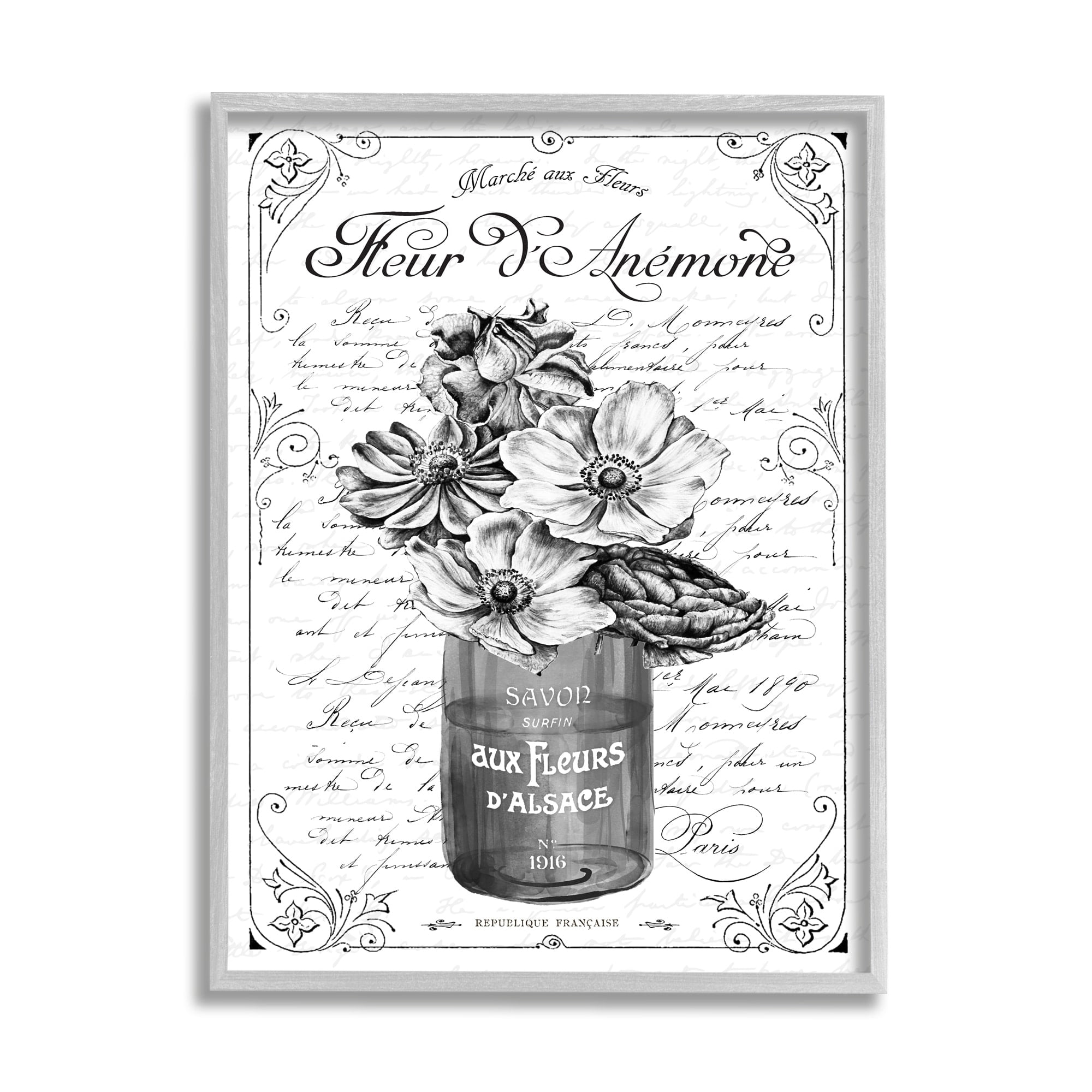 Stupell Industries Anemone Flower French Text Fancy Floral Border Graphic Art Gray Framed Art Print Wall Art, Design by Lettered and Lined
