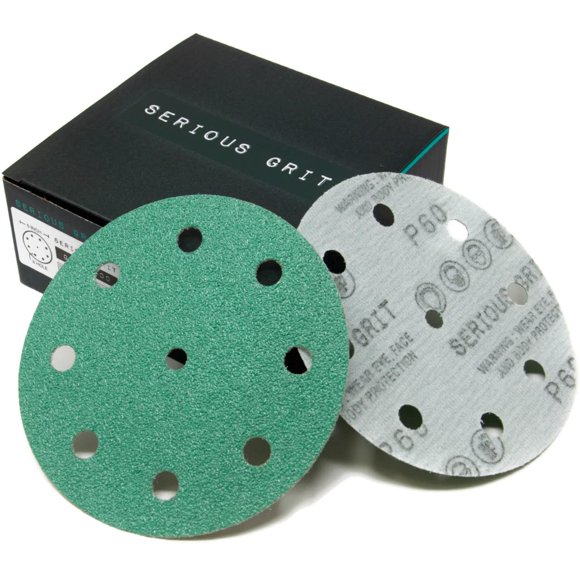 Serious Grit - 5-Inch 9-Hole 60 Grit Sanding Discs - Heavy-Duty Hook & Loop Film Discs - Sandpaper for Random Orbital Sanders - 25 Pack Box