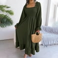 thumbnail image 4 of Lovzfmll Women's Dresses Fashion Fall Lightweight Round Neck Long Sleeve Solid Color Commuting Horn Sleeve Casual Loose Comfortable Maxi Peasant Large Hem Ruffle Dress Army Green S, 4 of 8