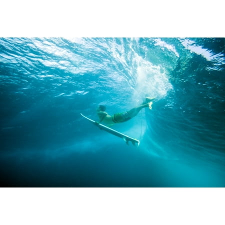 Indonesia Bali Surfer Duck Dives Under Wave View From Underwater
