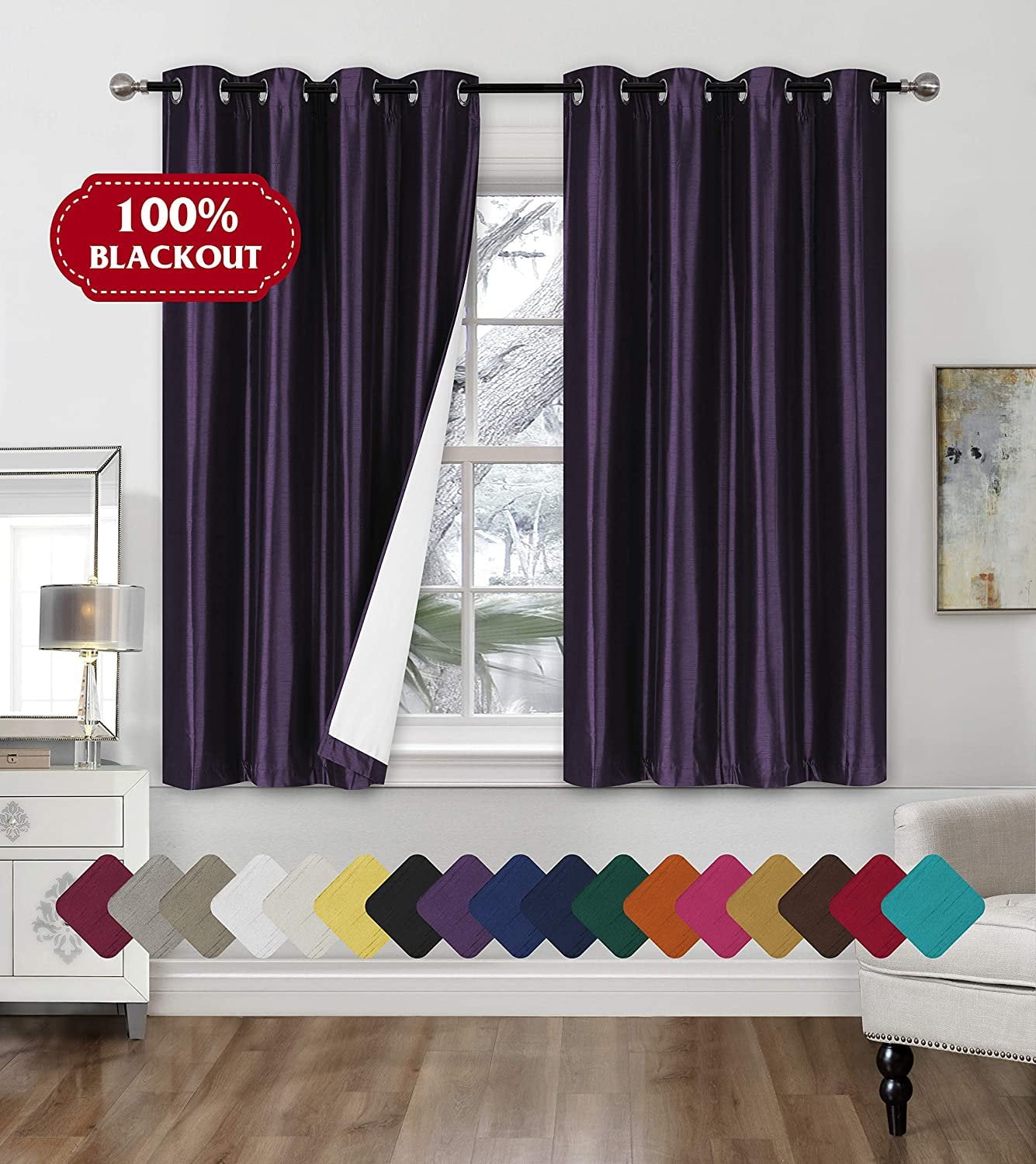 Faux Silk Blackout Curtains 2Panel Sets of 54x63 Room Darkening