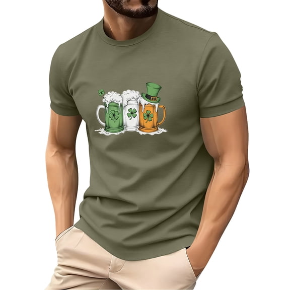 Men's St. Patrick's Day Beer Shamrock Print Crew Neck Short Sleeve T Shirt