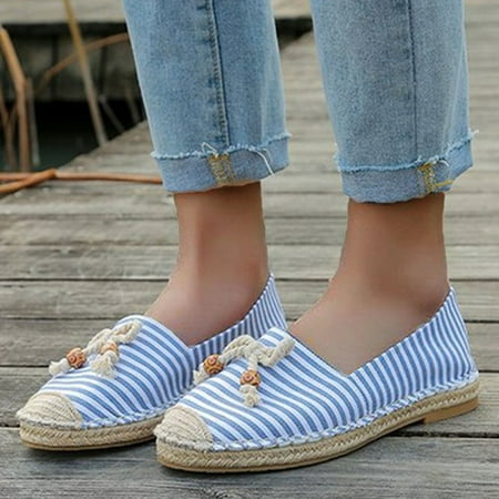 

YTJX Women Casual Shoes Breathable Slip On Flats Bow Beaded Striped Canvas Straw Sole Leisure Sneakers