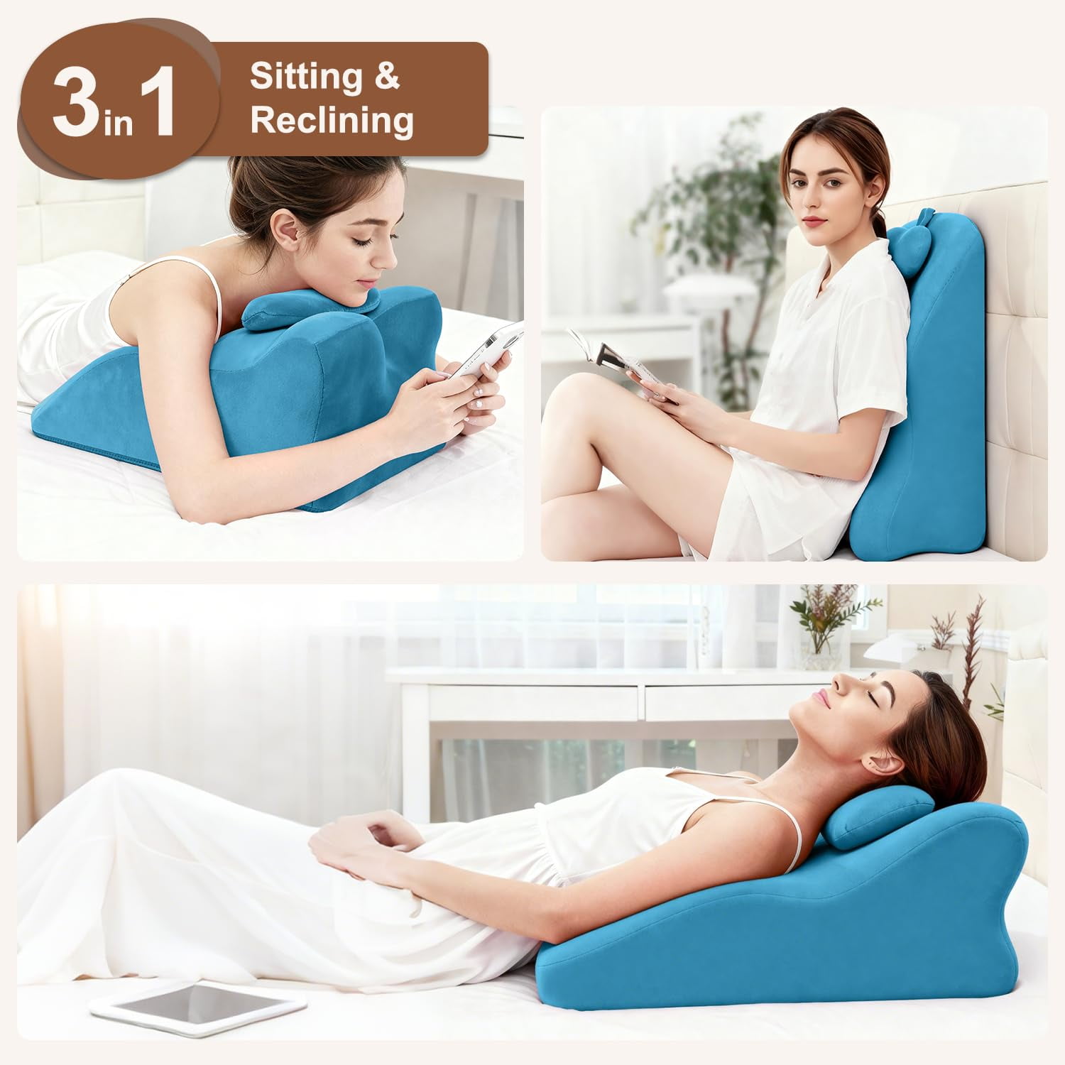 Memory Foam Ergonomic Wedge Pillow, Multi-Position Support Pillow, Ergonomic Support for Back Pain, Acid Reflux & Sitting Up, Ideal for Massage, with Removable Cover,40-Degree Angle Design (Blue)