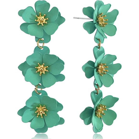 Elegant Bohemian Matte Tiered Triple Flower Dangle Drop Earrings Chic Charm Cute Long Floral Stud Earrings For Women Statement Jewelry Gifts[L1644]