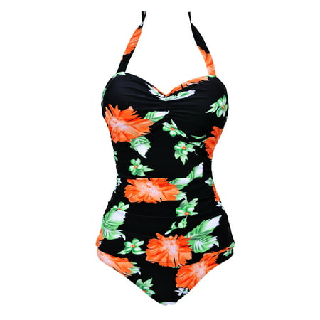 Women Plus Size Monokinis One Piece Swimsuit Swimwear Beachwear Swimming Costumes Floral Print Bathing Suit Push Up Bra Padded Halterneck Tummy Control Blue Black