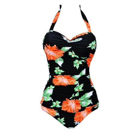 Women Plus Size Monokinis One Piece Swimsuit Swimwear Beachwear Swimming Costumes Floral Print Bathing Suit Push Up Bra Padded Halterneck Tummy Control Blue Black