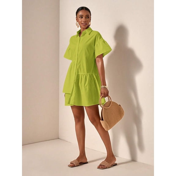 Olive Green Solid Front Button Ruffle Hem Short Sleeve Shirt Dress For Women