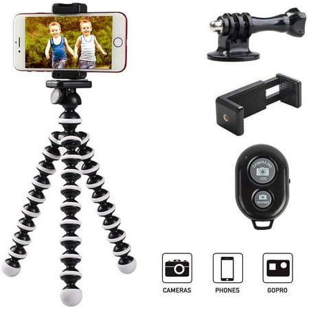 Qishi Portable Phone Tripod Stand with Wireless Remote - Flexible Compatible with iPhone Samsung Android & GoPro-Black