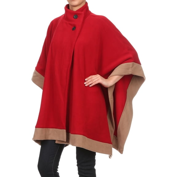 Womens Burgundy Red With Camel Trim Winter Fleece Caftan Poncho Coat