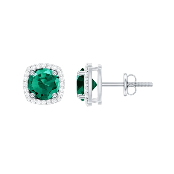Rosec Jewels Lab Grown Emerald Stud Earrings with Diamond Halo (AAAA Grade), 925 Sterling Silver