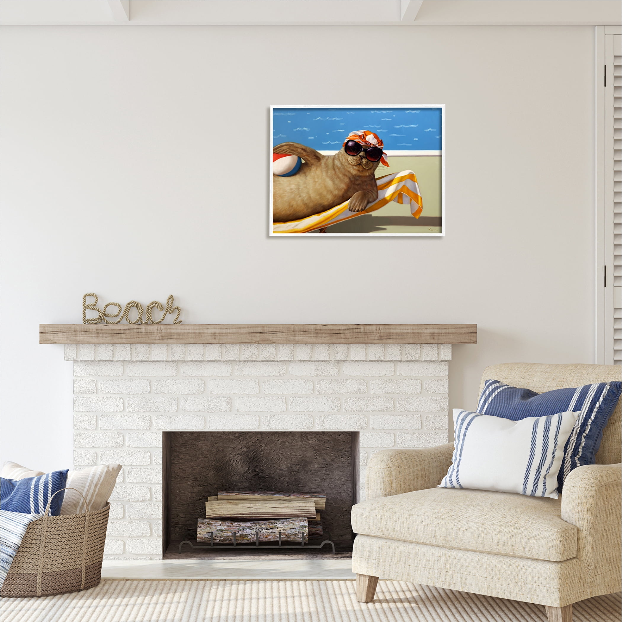 Stupell Industries Seal with Beachball Animals & Insects Painting White Framed Art Print Wall Art, 30 x 24