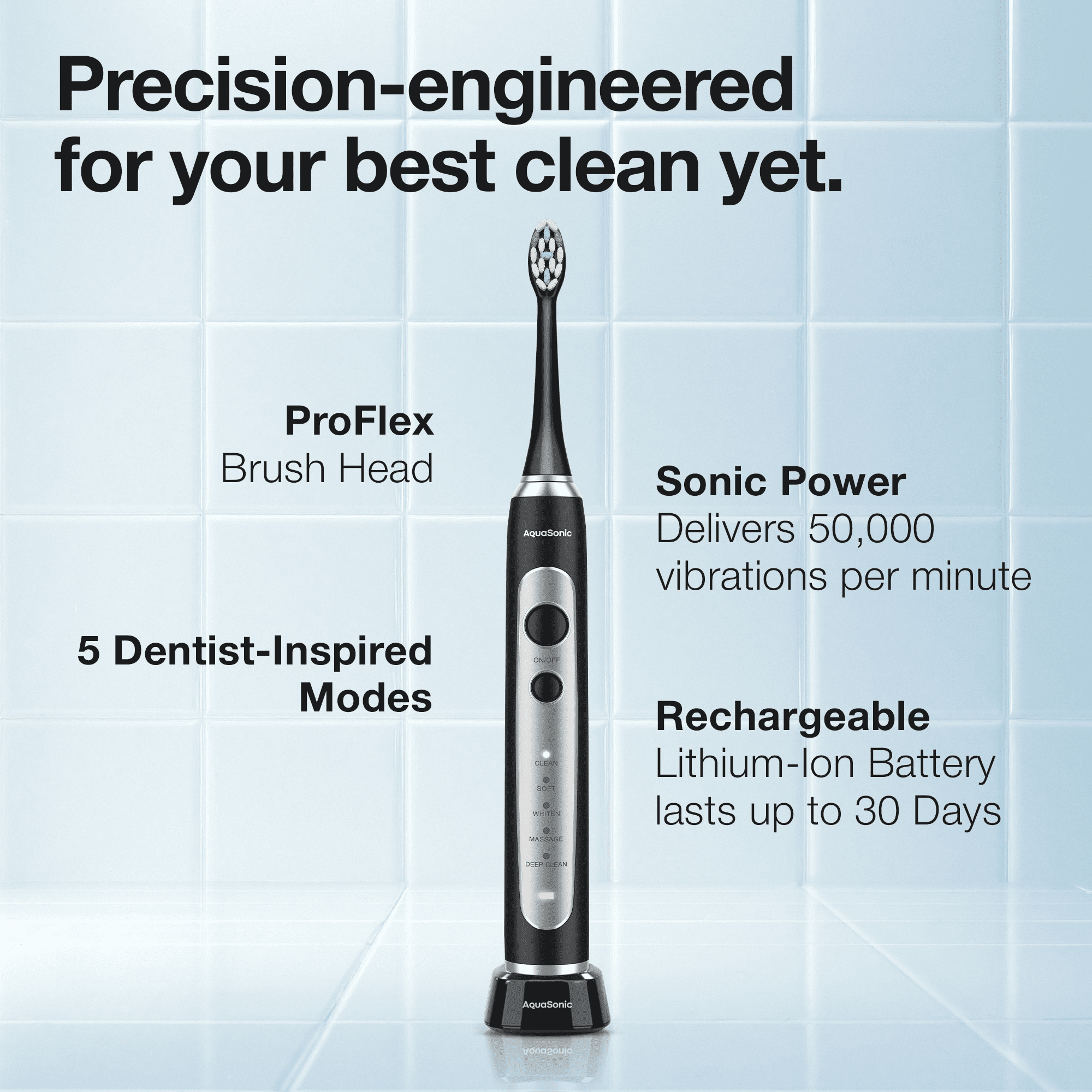 AquaSonic Precision Rechargeable Electric Toothbrush, 5 Modes, 4 Brush Heads, Travel Case, Black