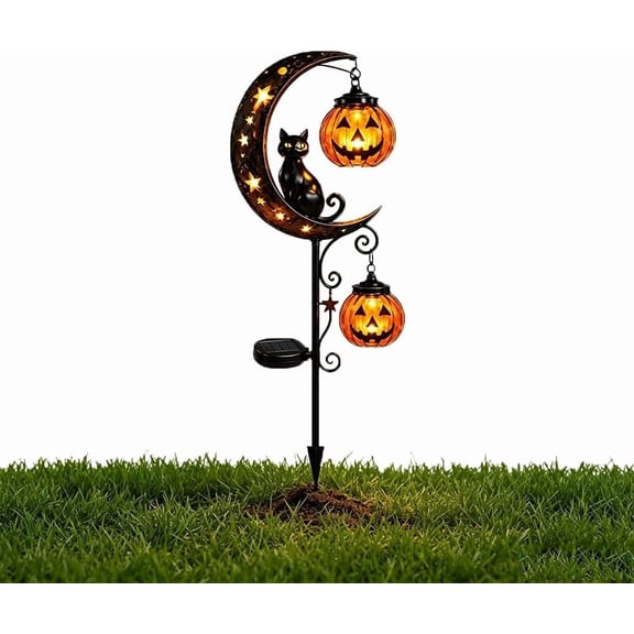 Solar Halloween Garden Stake Light with Black Cat, Pumpkin and Crescent Moon, Waterproof LED Outdoor Decoration for Yard, Patio, Walkway and Porch