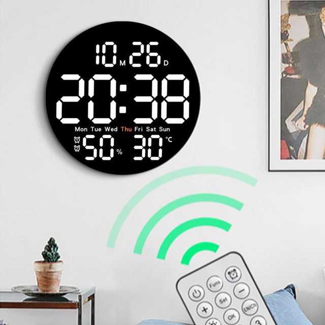Feltree Round Clock Multi-function Remote Control Clock Living Room Wall Clock Home Decoration Digital Electronic Clock Silent Clock Color Screen Clock