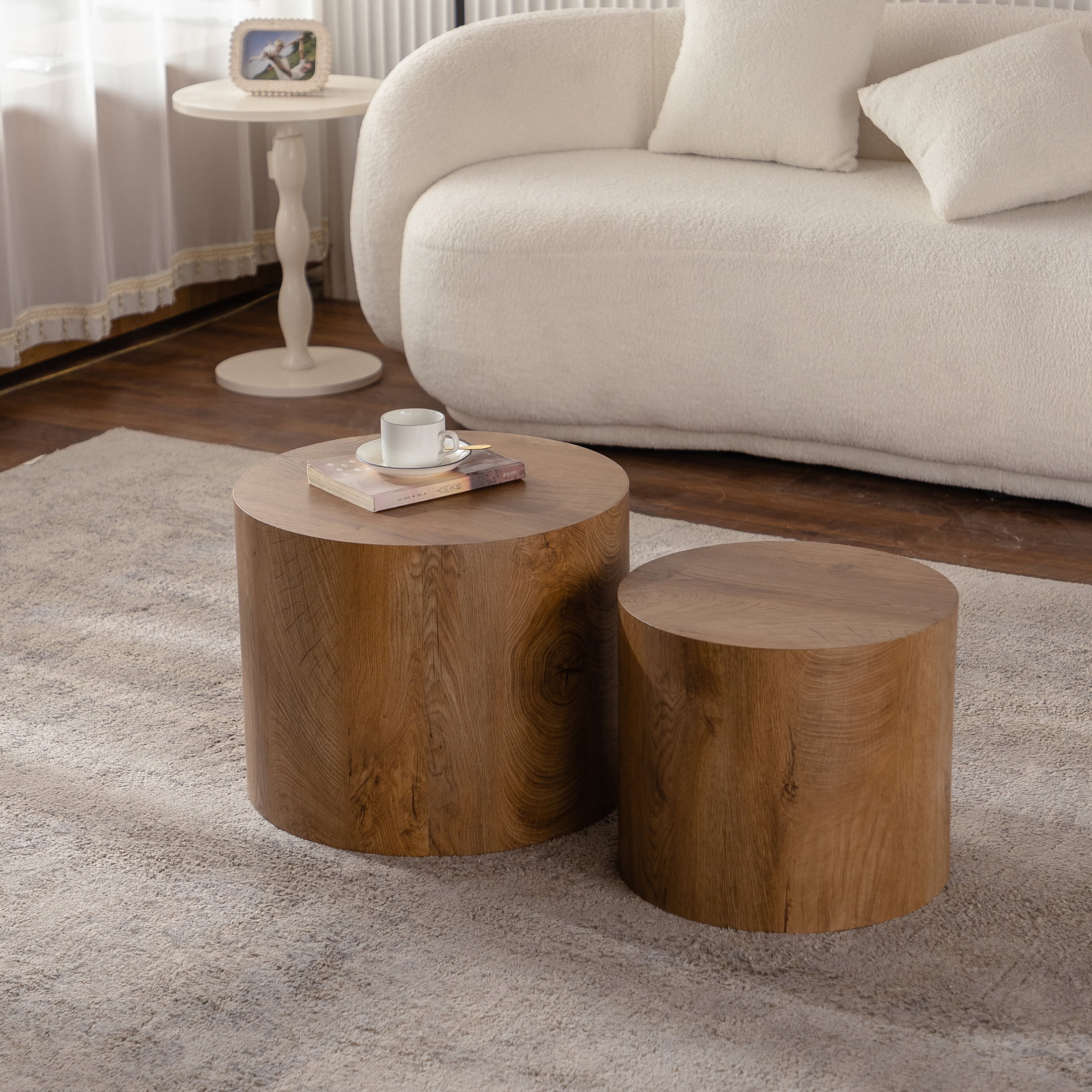 Noble House Nathan 2-Piece Round Nesting Coffee Table Set, Modern Wooden Industrial Side Tables, Brown, Set of 2