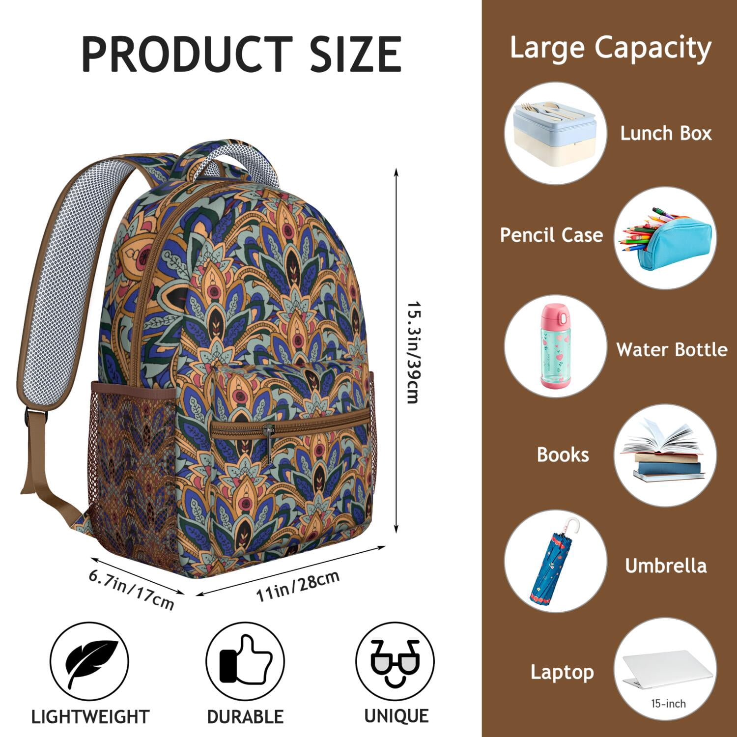 Artistic Waterproof School Backpack - Vintage Paisley Floral Print & Breathable Mesh Straps for Teens