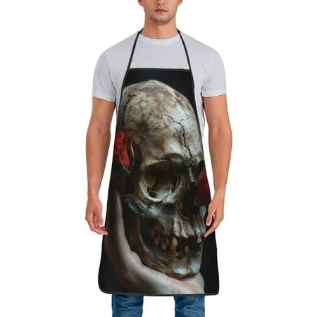

Xecao Realistic Rose Skull Print Funny BBQ Chef Aprons for Men Women Adjustable Kitchen Cooking Aprons with Pocket Waterproof Oil Proof No Pilling Fading