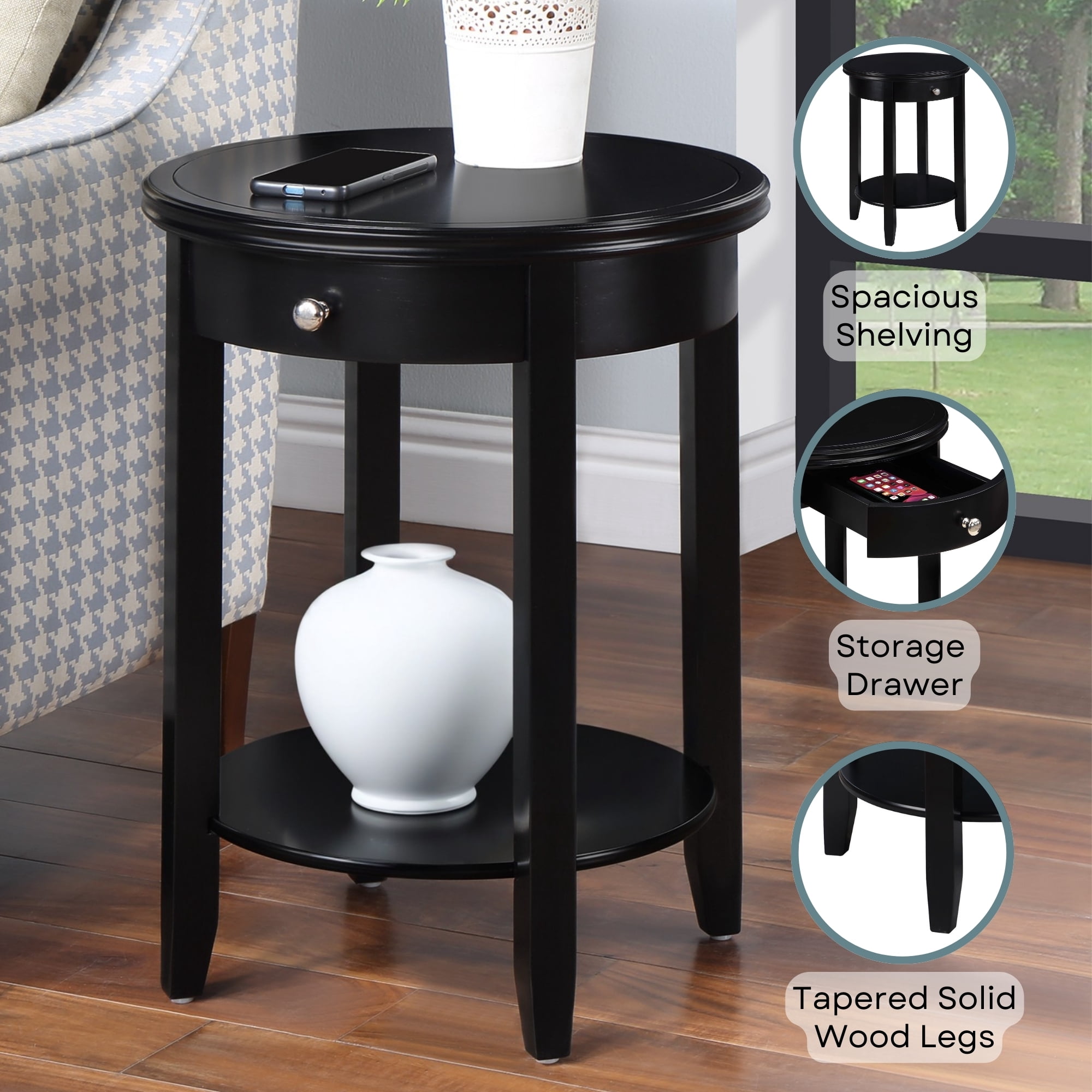 Convenience Concepts American Heritage Baldwin 1 Drawer End Table with Shelf, Black