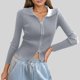 thumbnail image 1 of MHFRRA Cárdigan de Punto Acanalado con Doble Cremallera para Mujer, Top Corto Ajustado con Cuello Gris, 1 of 3