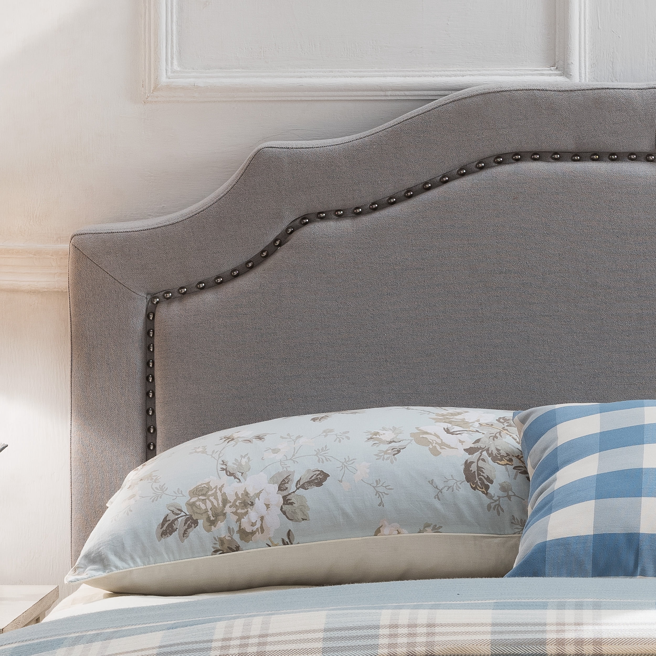 GDF Studio Charell Contemporary Fabric Upholstered Beveled Full/Queen Headboard, Light Gray