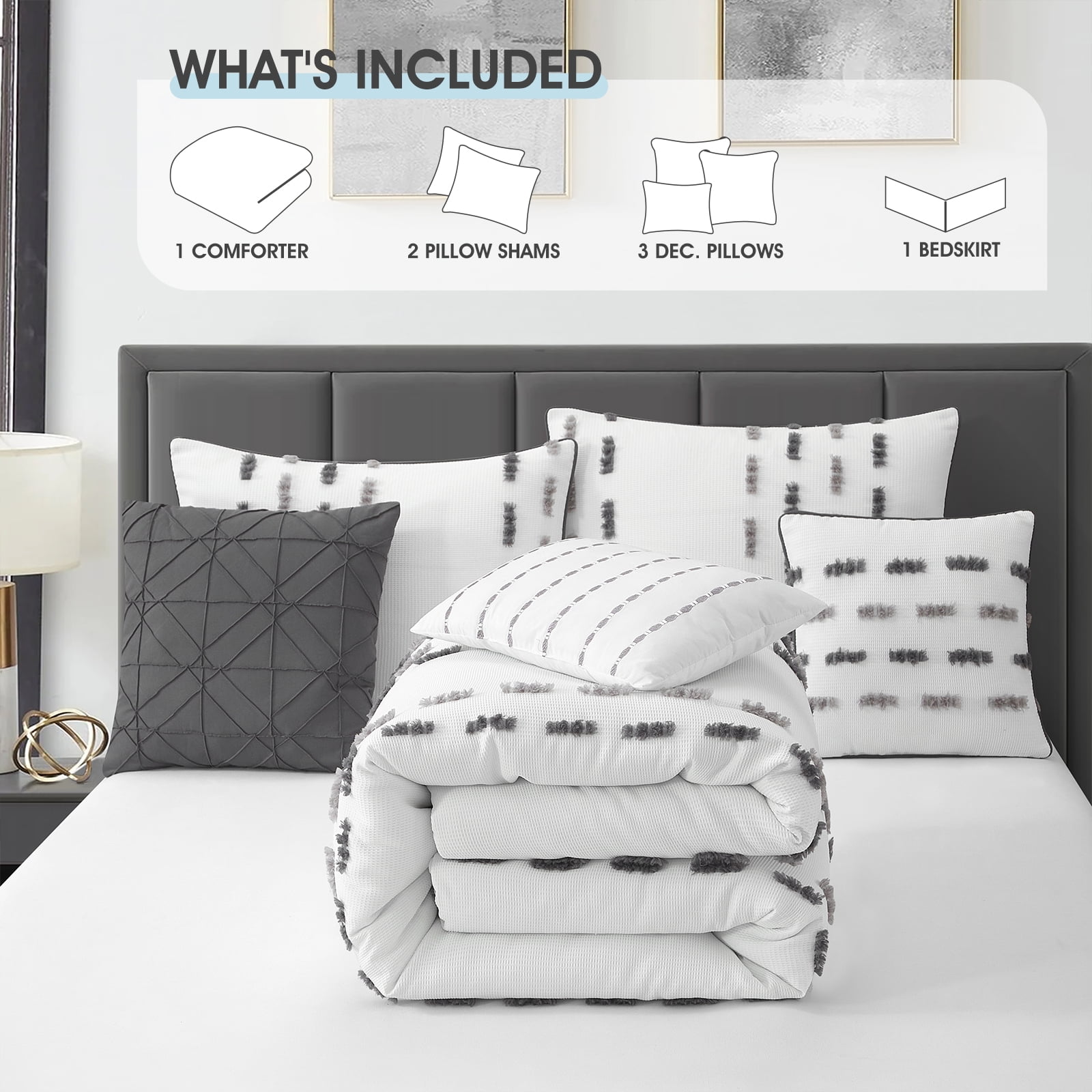 Lanco White Grey Comforter Set King Size , 7 Piece , Clip with Waffle Base Fabric Bedding Set , All Season