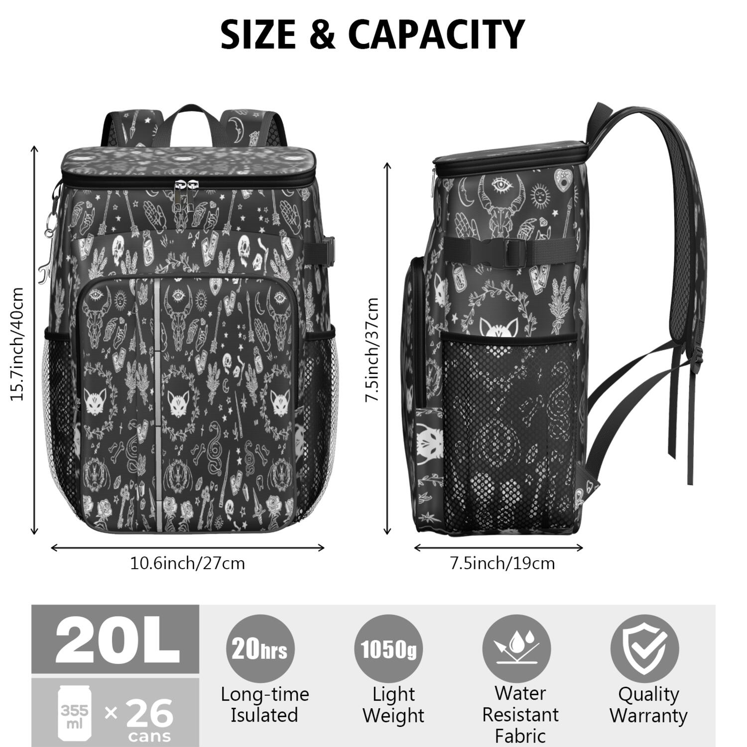 Travel Cooler Bag - Occult Halloween Pattern Camping Beer Cooler Backpack with Bottle Opener- Waterproof Insulated Picnic Backpacks - Cooler Bag for Beach