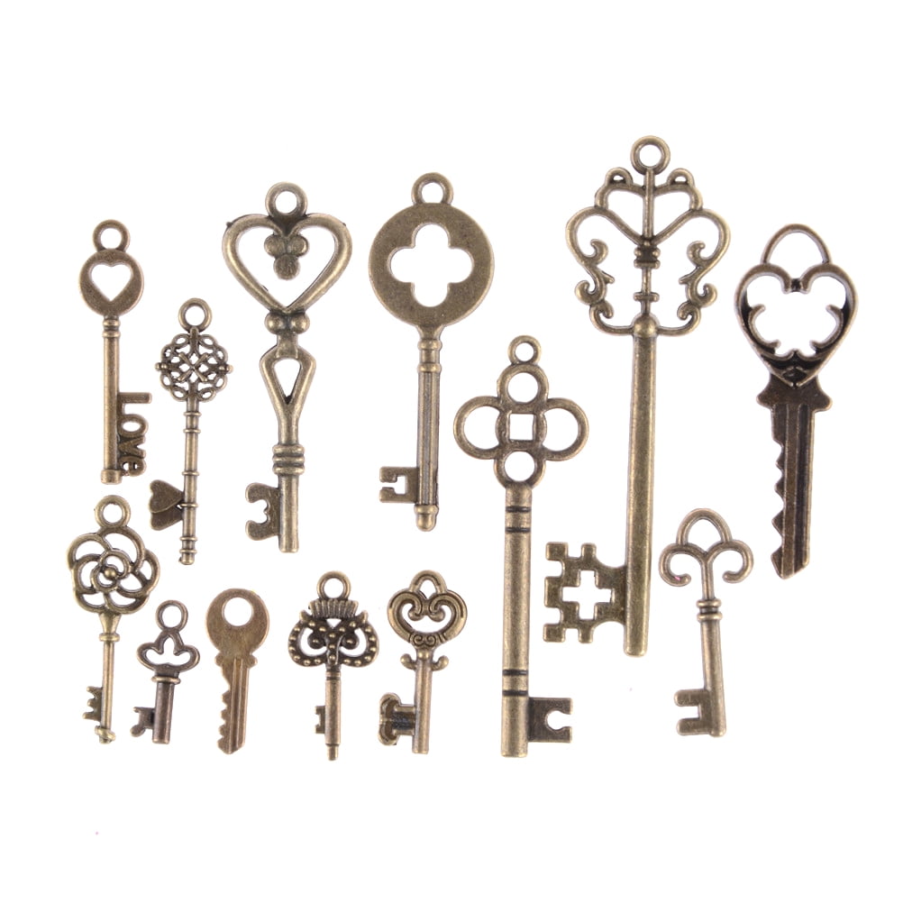 Vintage Skeleton OLD LOCK Keys Charm DIY Antique Bronze Pendants Pack of 13pcs 