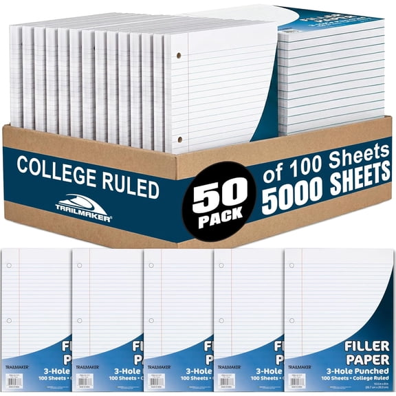 Trailmaker (50 Pack) Bulk Filler Paper College Ruled, 8 x 10-1/2 Inch College Ruled Paper, 3 Hole Punch, Loose Leaf Notebook Paper for 3 Ring Binders, 5000 sheets total