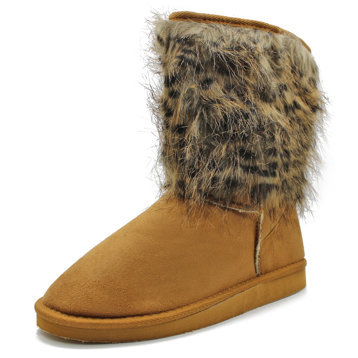 Fashion Girl Women's Faux Suede Fur Trimmed Tan Mid Calf Winter Boots 6 ...