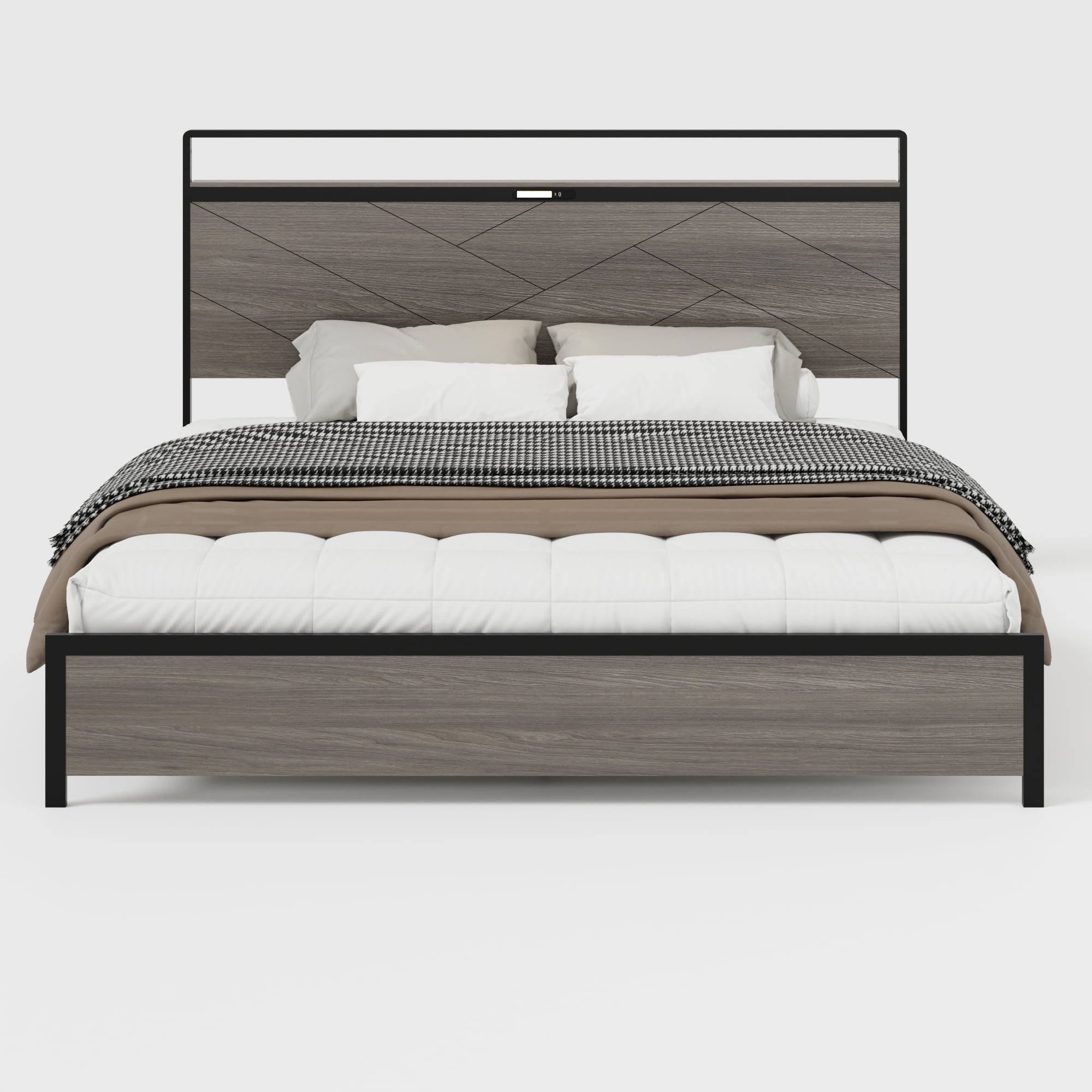 Miniyam King SizeMetal Bed with Wooden Headboard, USB Charging Station for Adult, Gray