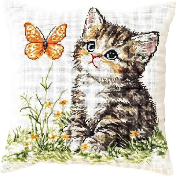Latch Hook Pillow Kits Needlework Hook Latch Kit 17x17inch - Animal cat and butterfly