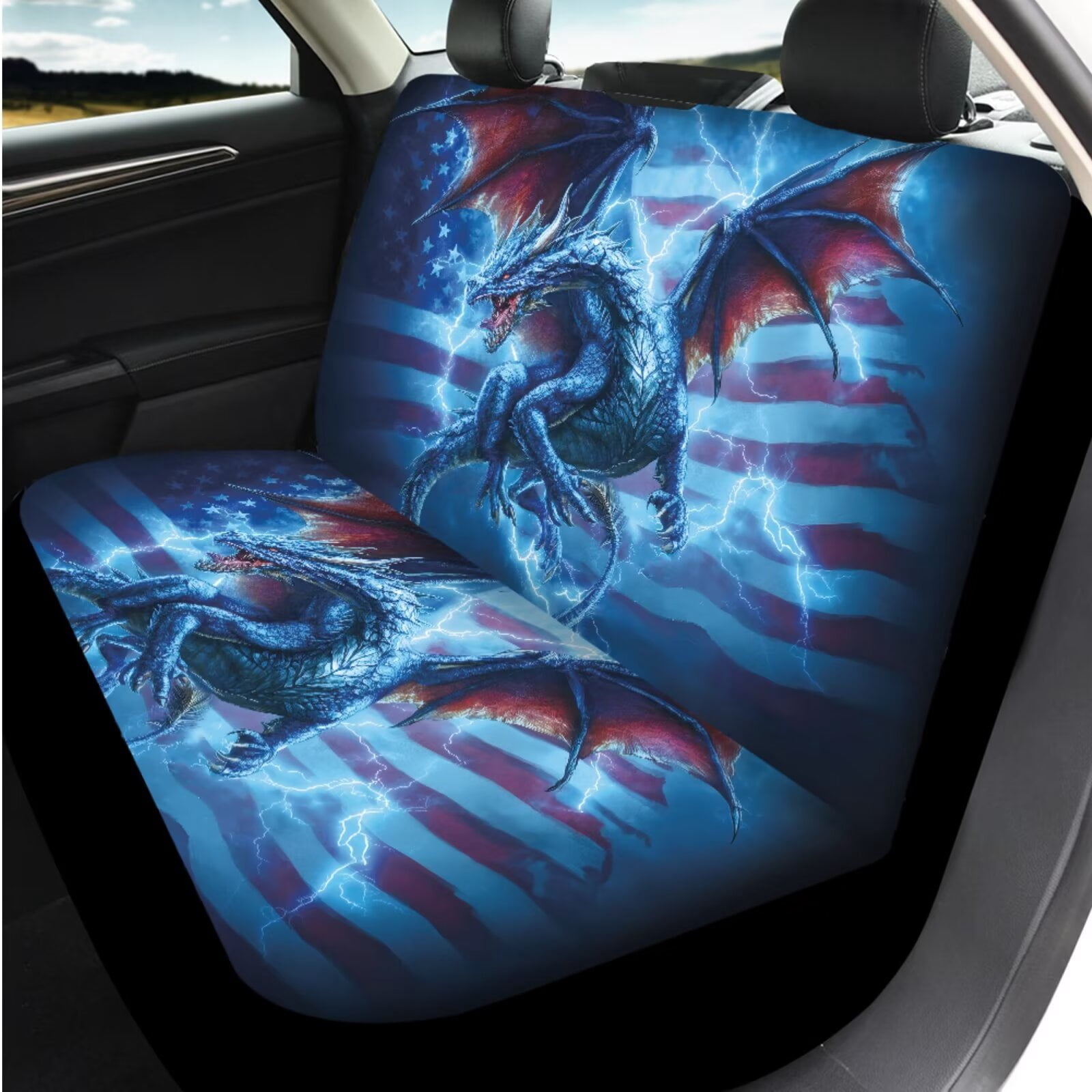Binienty Western Dragon Lightning Car Seat Covers Full Set with Matching Steering Wheel Cover American Flag Car Interior Decor Set for Truck Van Sedan Car Armrest Cover Seat Belt Covers Coasters