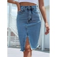thumbnail image 3 of Women'S High Waisted Split Front Raw Hem Bodycon Midi Denim Skirt Medium Blue M, 3 of 7